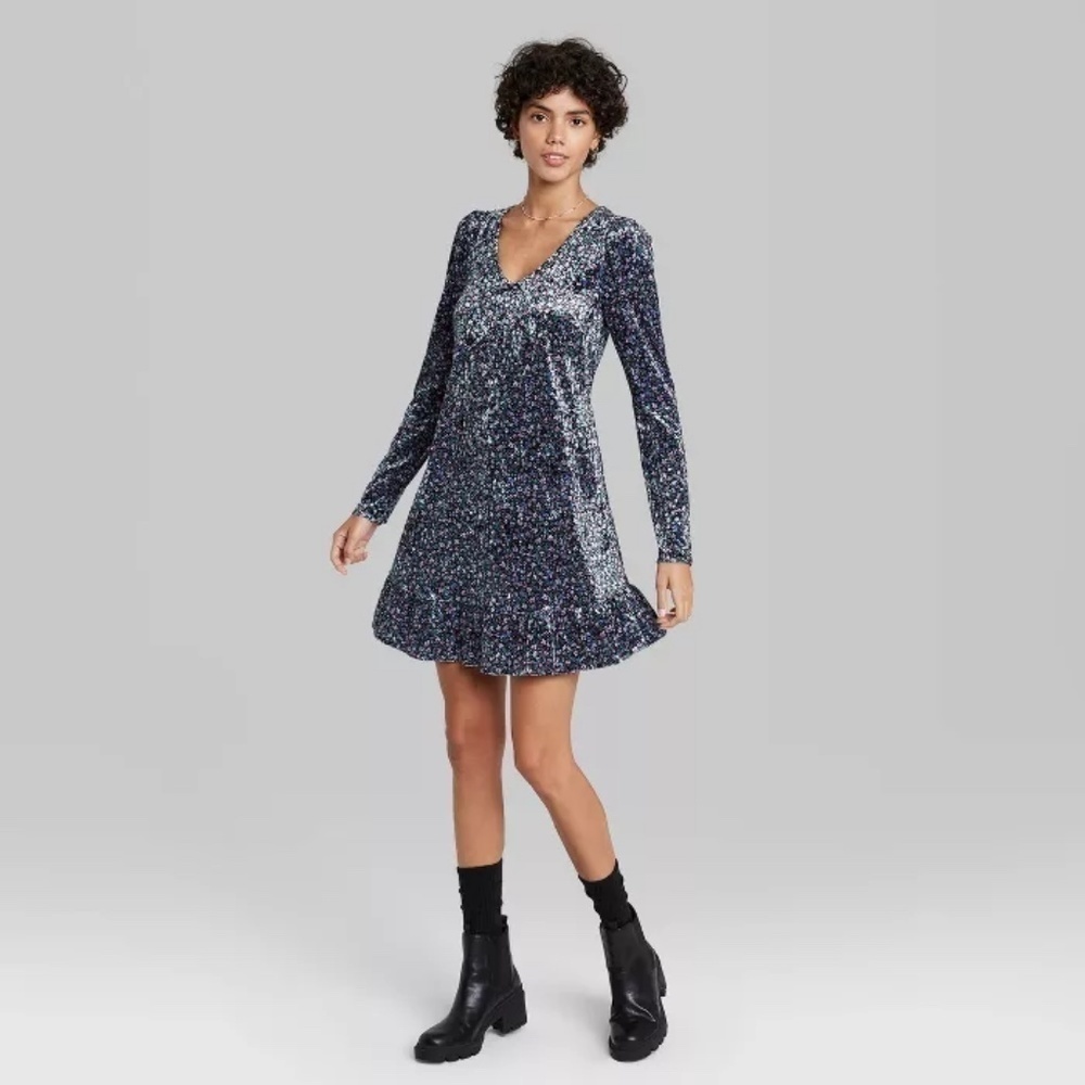 Wild Fable Floral Long Sleeve Velvet Drop Dress